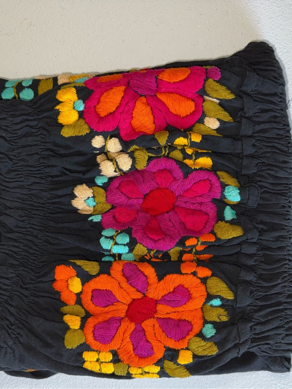 Handmade Embroidered Black Linen Cotton Dress Small Boho Floral - Picture 4 of 11